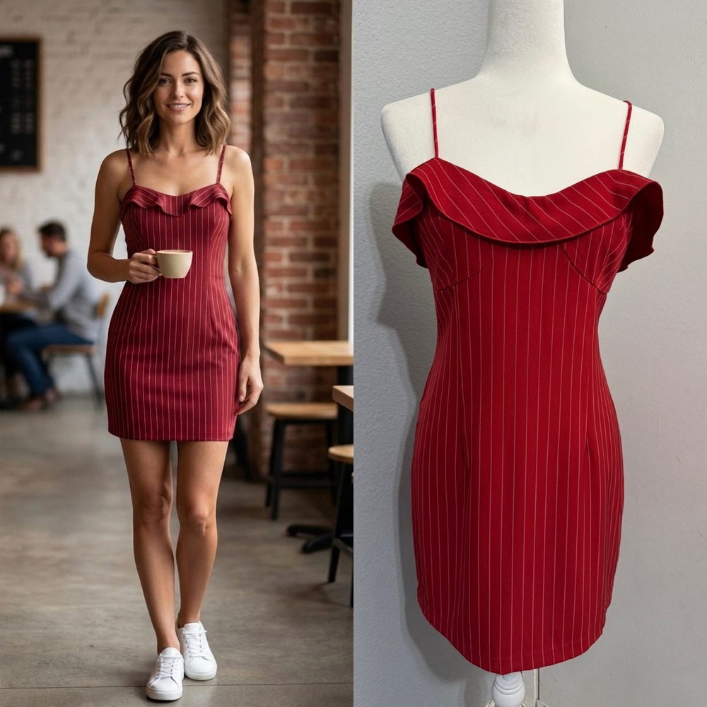 Y2K Romantic Red Pinstripe Ruffle Mini Dress M Sweetheart Neckline Dark Academia